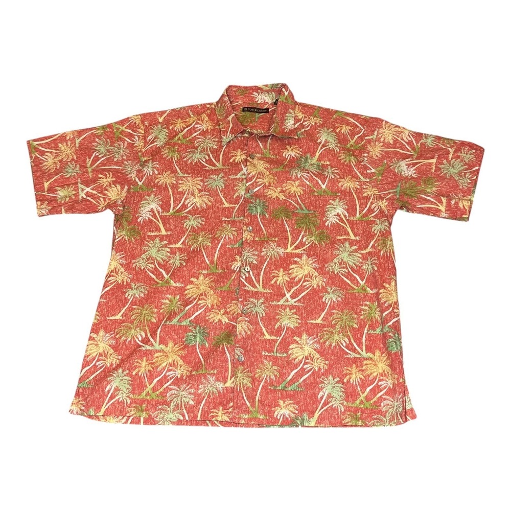Tori Richard Mens Large Hawaiian Shirt Coral Palm Tree Print Short Sleeve Button